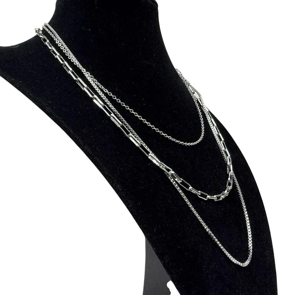 S Steel Layered Silver Tone Necklace Set Multi-Chain Paperclip Box Cable 14 in
